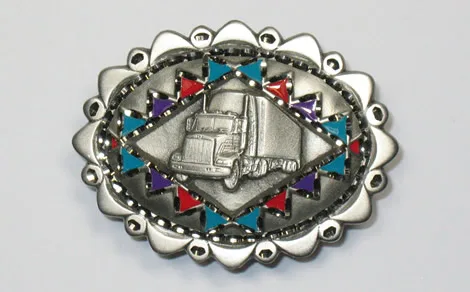 Truck on a diamond cut enameled pewter belt buckle 4279DIAC
