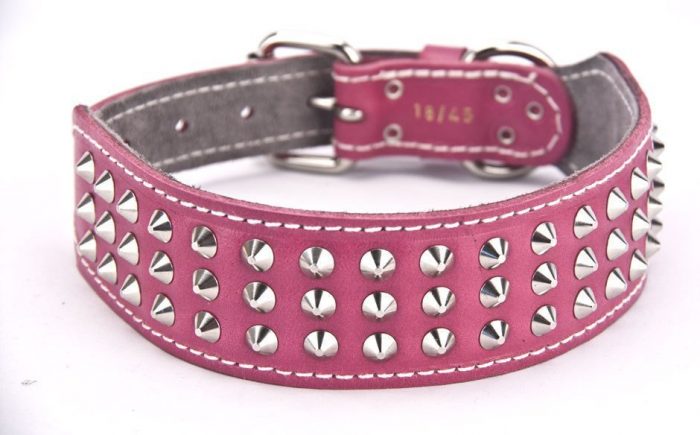 Genuine pink leather dog collar with 3 rows of studs