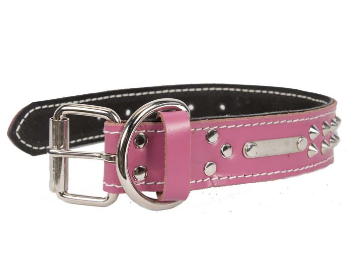 Genuine leather pink dog collar with 2 rows of studs