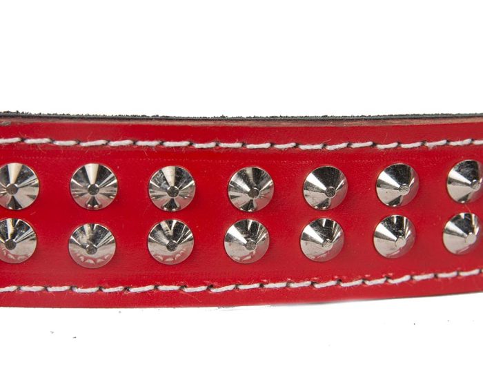 Genuine leather red dog collar with 2 rows of studs - Image 2