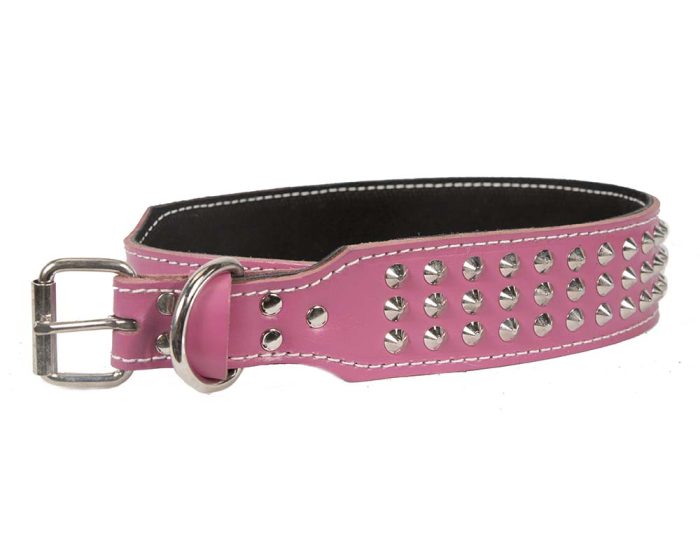 Genuine pink leather dog collar with 3 rows of studs - Image 4