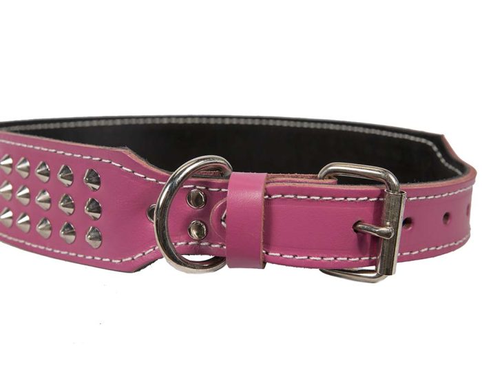 Genuine pink leather dog collar with 3 rows of studs - Image 5