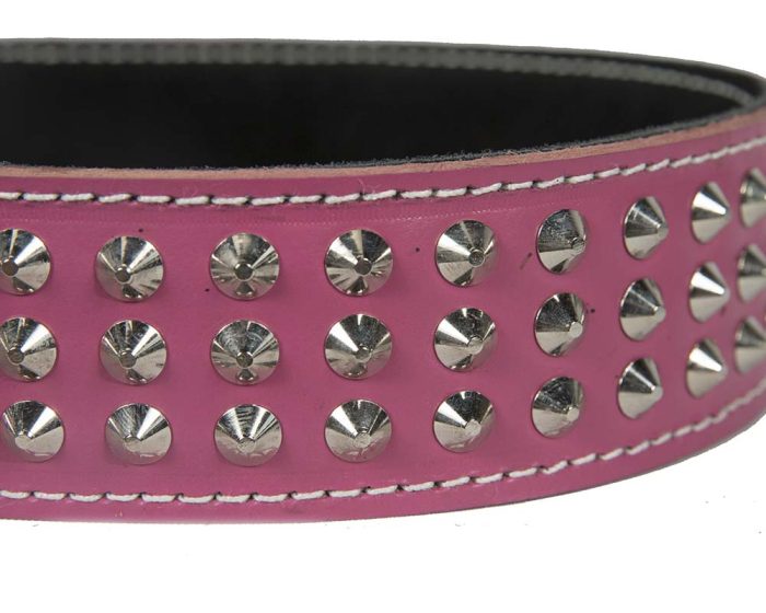 Genuine pink leather dog collar with 3 rows of studs - Image 3